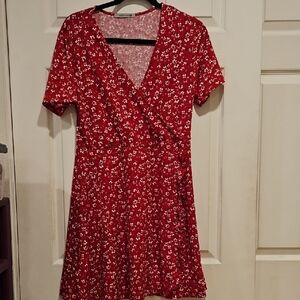 Red Floral Wrap Dress,EUC,Small, Red with White & Black Flowers.